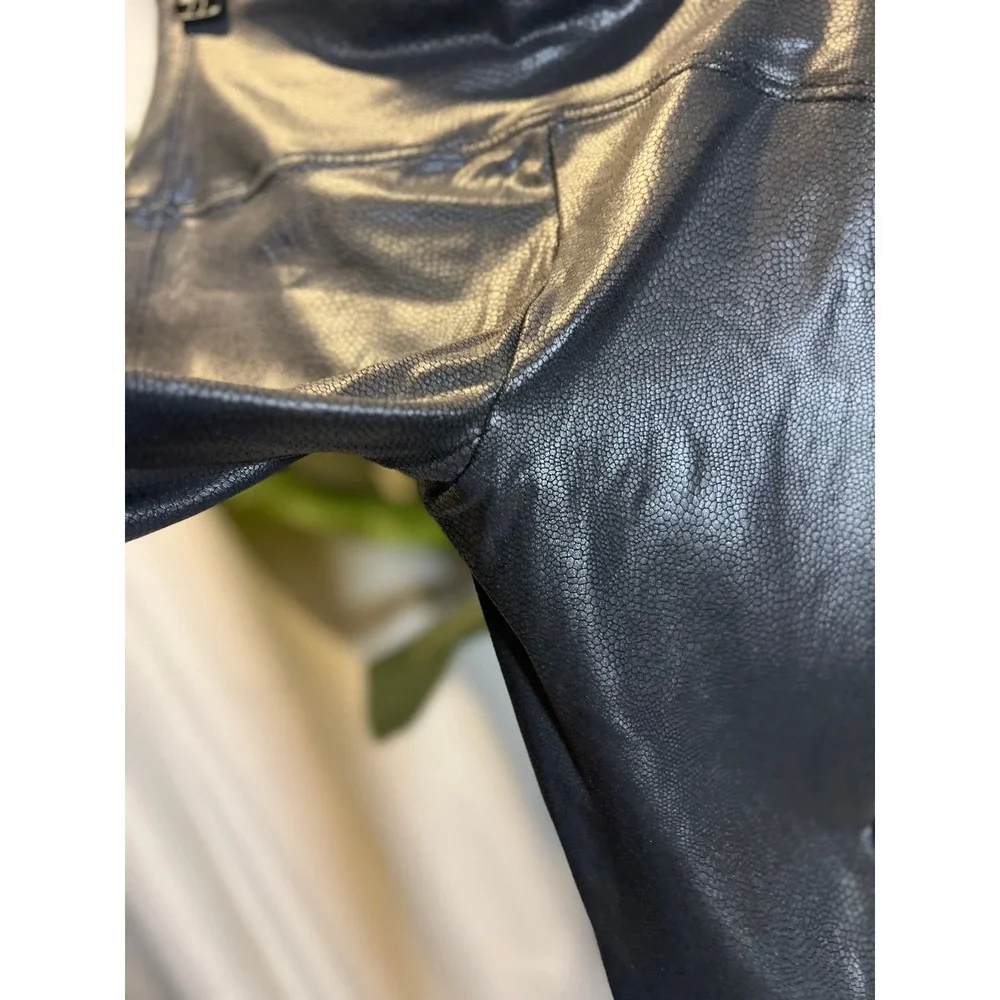 Spanx Womens Faux Leather Crackle Leggings Black High Rise Slim Fit Large L